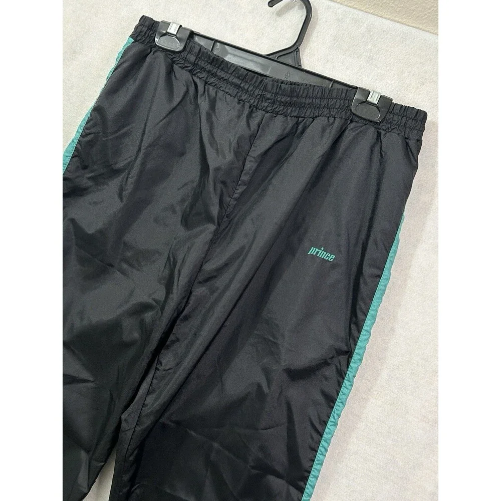 Vintage Prince Nylon Track Pants Mens M Black Teal Side Stripe Windbreaker 90s